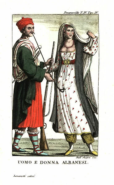 Man and woman of Albania. Illustration From Francois Pouqueville (1770-1838), Travels through More, Albania and several other parts of the Ottoman Empire, 1805