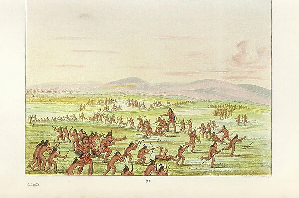 Mandan men and boys dancing a sham fight and sham scalp-dance. Boys with small bows, reed arrows and wooden knives learning hunting and fighting techniques