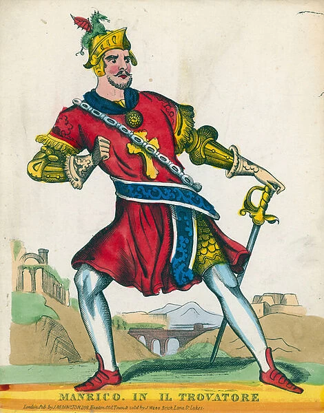 Manrico in Il Trovatore (coloured engraving)