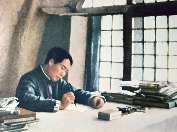 Mao Zedong writing his On Protracted War in a cave-dwelling in Yenan  /  Yan