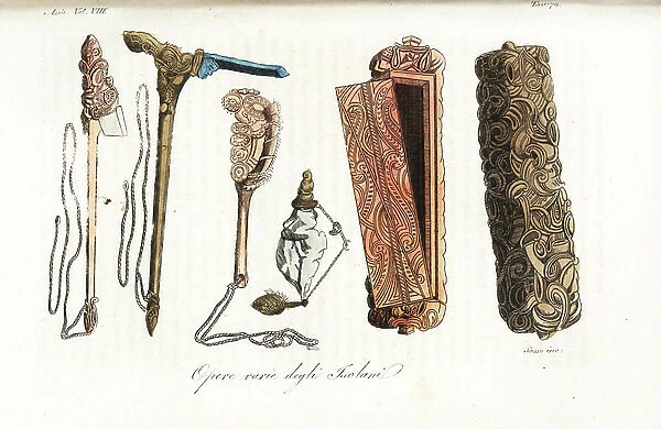 Maori tools and weapons with elaborate carving: axe, fish knife, and box. Handcoloured copperplate engraved by Sasso from Giulio Ferrario's Ancient and Modern Costumes of all the Peoples of the World, Florence, Italy, 1844