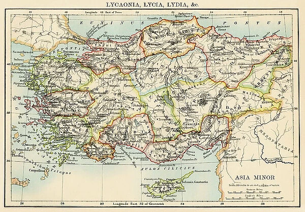 Map of the ancient regions of Asia Minor (present-day Anatolia, Turkey). 19th century lithography