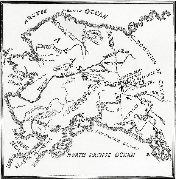 Map of the Klondike Gold Diggings and vicinity, Alaska, North America, 1898 - 1899. From The History of Our Country, published 1900