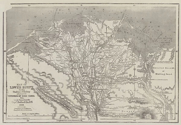 Map of Lower Egypt, showing the Lines of Railway and Projected Isthmus of Suez Canal (engraving)