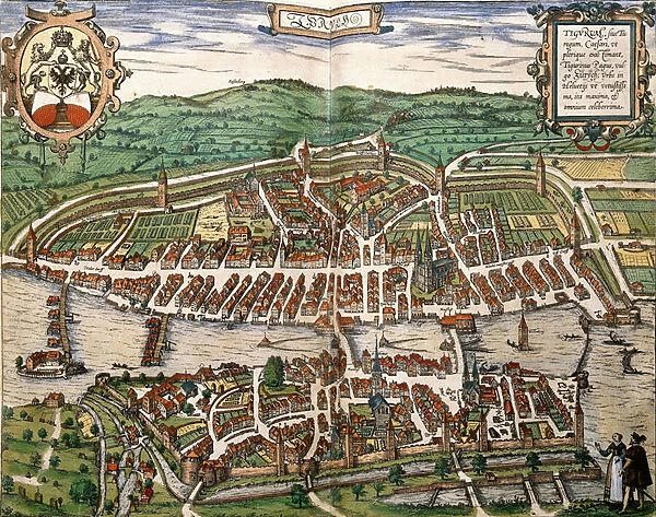 Map of Zurich, 1575 (hand-coloured engraving)