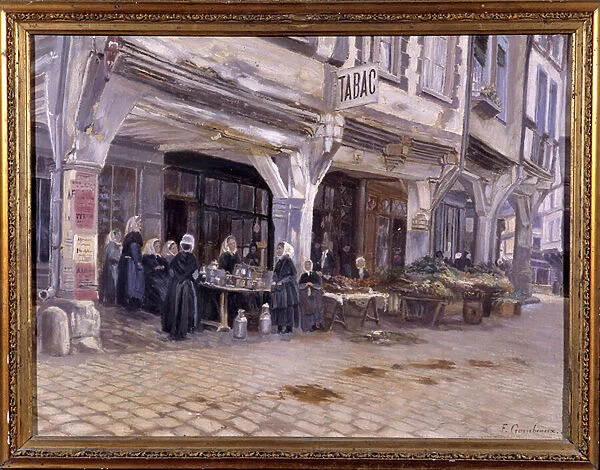 Market under the porches in Dinan - by F. Gombeaux, late 19th century