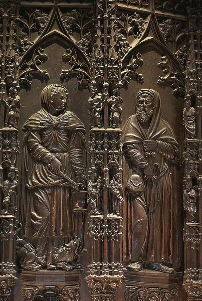Martha, holding a benitier, standing on a Tarasque and Noe - Characters of the carved wood stalls by Dominique Bertin of Toulouse (16th century) - Cathedrale Sainte Marie d'Auch (Gers) (15th-17th century)