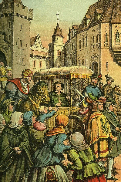 Martin Luther comes to Worms, coloured image (unknown artist), from : ' Doktor Martin Luthers Leben, Thaten und Meinungen (Doctor Martin Luthers life, deeds and opinions)