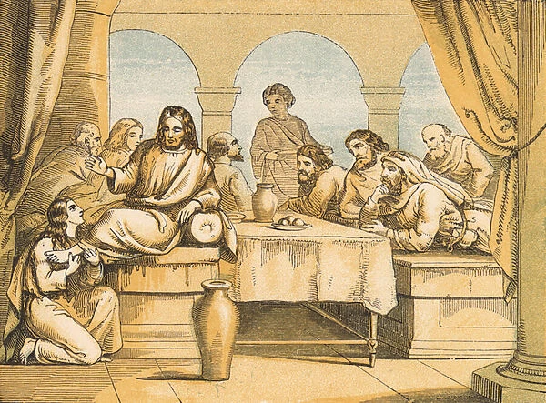 Mary anointing the feet of Jesus (coloured engraving)
