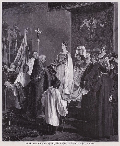 Mary, Duchess of Burgundy, pledging to respect the privileges of the city of Brussels, 1477 (engraving)