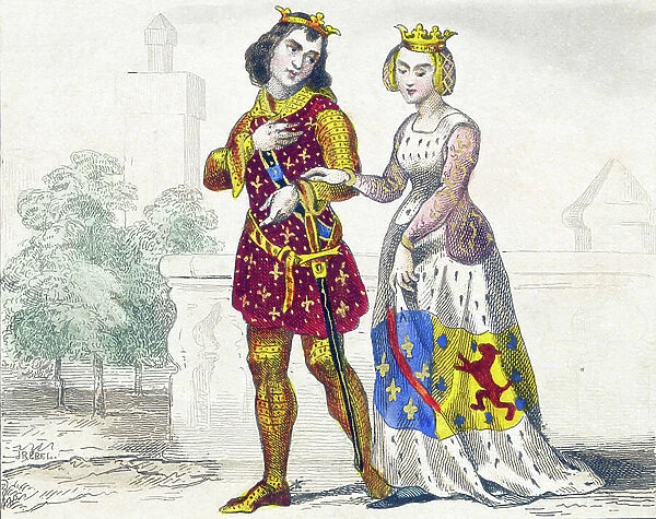 Medieval costume: portraits of Beatrix (Beatrice) of Burgundy and Philippe, Count of Evreux in 1280, c.1860 (steel engraving)