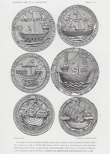 Medieval seals bearing images of ships, 13th-14th Century (engraving)