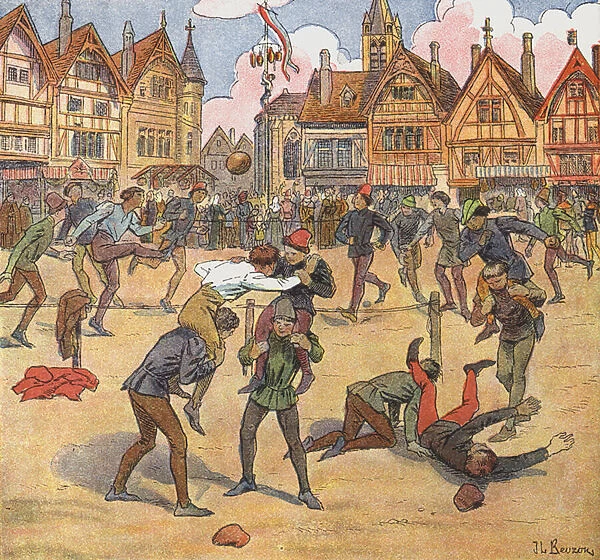 Medieval townsfolk enjoying themselves (colour litho)