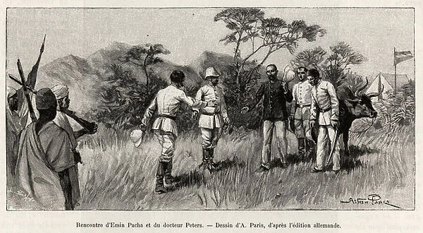 Meeting of Emin Pasha (Isaak Edouard Schnitzer, 1840-1892) and Dr. Peters. Engraving by A. Paris to illustrate the story 'Au secours d Emin Pacha', by Doctor Peters (1856-1918), 1889-1890, in Le tour du Monde 1892