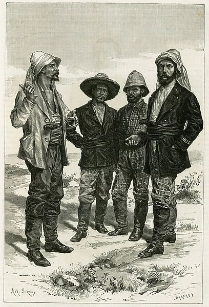 The members of the mission, at Bakel (fort bati on the borders of Senegal, Mauritania and Mali) on April 23, 1881, marked the end of Commander Gallienis exploration mission. Engraved by A