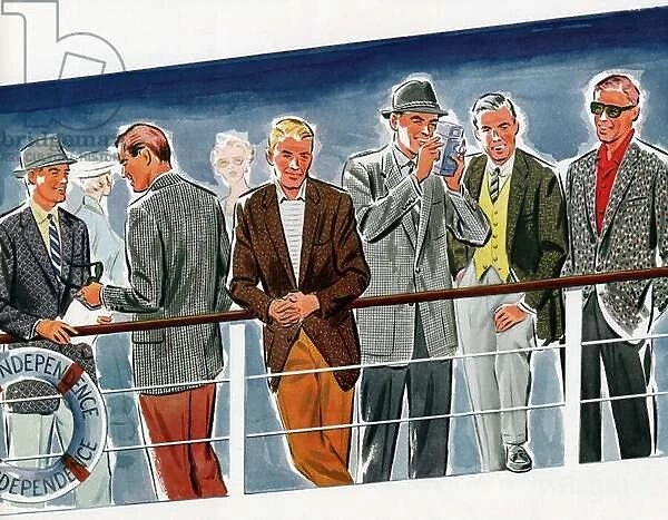 Men in Fashionable Suits Posing at the Railing of a Cruise Ship, 1950 (screen print)