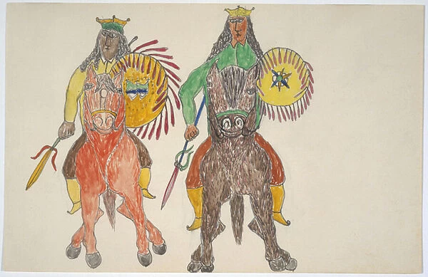 Two men on horseback with shields