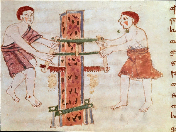 Two men saw a marble trunk (miniature, 9th century)