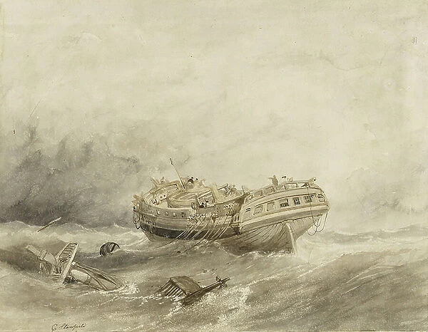 A merchant ship derails in the calm that follows the storm. Watercolor (34.4x44.5 cm) by Clarkson Stanfield (1793-1867), 19th century