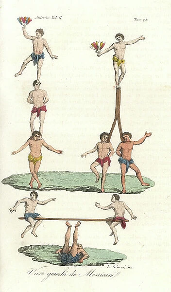 Mexican acrobats and performers. Aztec men performing balancing acts, and two men balancing on a pole supported by a man on his back. Handcoloured copperplate engraving by Luigi Giarre from Giulio Ferrario's Ancient