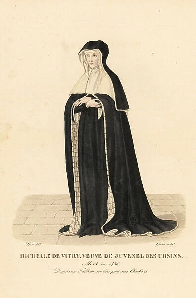 Michelle de Vitry, widow of Jean Jouvenel des Ursins, died 1456. After her husbands death in 1431, she wore black mourning dress with the wimple and headband of a nun. From a painting on wood. After a painting on wood, era of King Charles VII