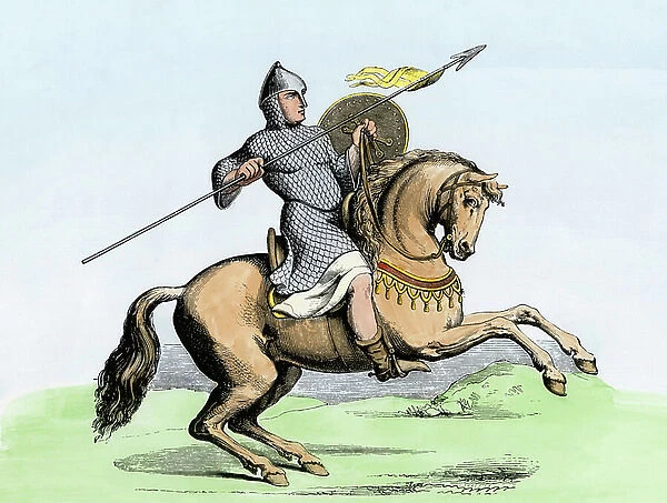 Middle Ages knight with a stitch and riding a horse