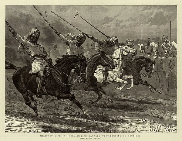 Military Life in India, Native Cavalry Tent-Pegging in Sections (engraving)