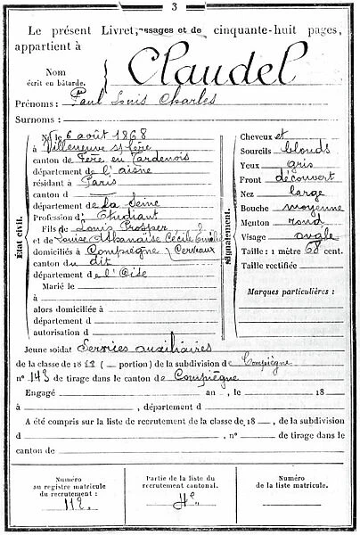 military record of Paul Claudel, when he was soldier in Compiegnes in 1888