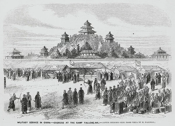 Military service in China - exercise at a camp (engraving)