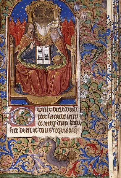 A miniature from a Book of Hours, in Latin and French, depicting the Trinity enthroned