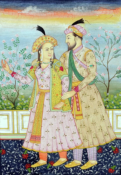 Miniature Painting of Mughal Emperor Shah Jahan with Wife Mumtaz Mahal