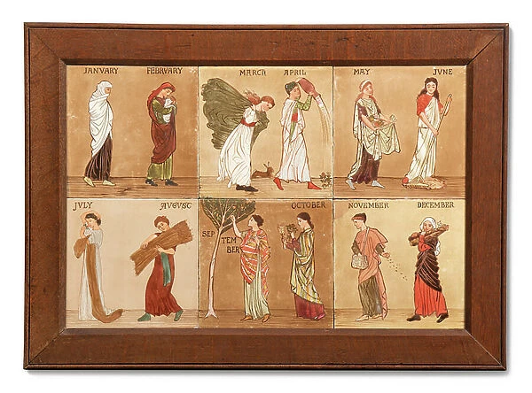 Six Minton Hollis & Co tiles representing the months, c. 1880-99 (painted ceramic)