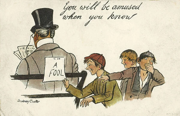 Mischief: three boys pinning a sign saying 'Fool'to the back of the coat of a man sitting on a bench (chromolitho)