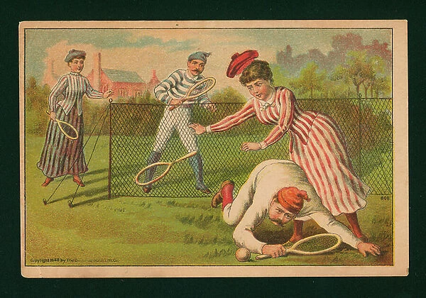 A mishap during a game of tennis (chromolitho)