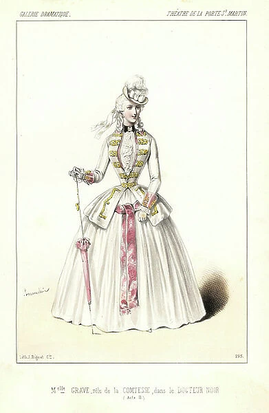 Miss Angelina Grave as the Countess in Le Docteur Noir by Anicet Bourgeoise, Theatre de la Porte St. Martin, 1846. Handcoloured lithograph after an illustration by Alexandre Lacauchie from Victor Dollet's Galerie Dramatique