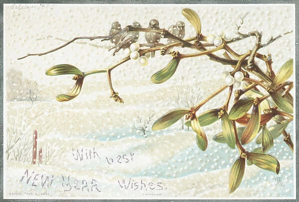 Mistletoe in the snow, New Year Card (chromolitho)
