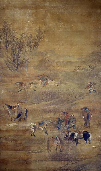 Mongolian rider chasing a horse. Silk Painting by Fou Tchao Mong (1254-1322)