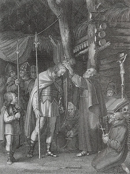 The Monk Severinus blessing Odoacer, King of Italy, 5th Century (engraving)