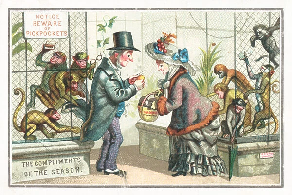 Monkey Pickpockets at the zoo, Christmas Card (chromolitho)