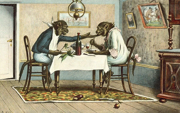 Two monkeys on a date (colour litho)