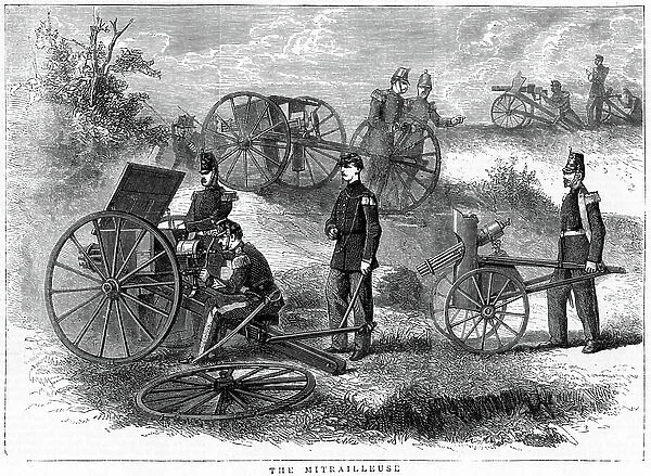 Montigny mitrailleuse, rapid fire gun introduced by French during the Franco-Prussian War 1870-1871. 37 barrels, operated by 5 men could deliver 482 rounds per minute. From The Graphic, London, 1870