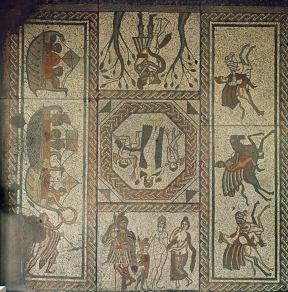 Mosaic pavement from the Roman villa at Low Ham, illustrating the story of Dido