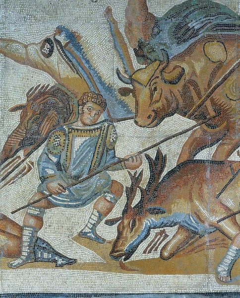 Mosaic showing a scene of a wild beast hunt, detail of a gladiator killing an animal