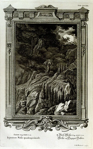 Moses ascends Mount Sinai in a storm, 18th century (engraving)