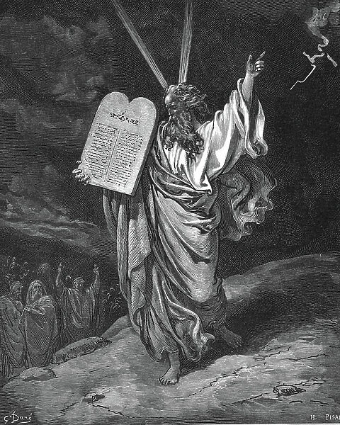 Moses descending from Mount Sinai with the tablets of the law (Ten Commandments). Exodus 5. 35. Illustration by Gustave Dore (1832-1883) for The Bible (London 1866). Wood engraving