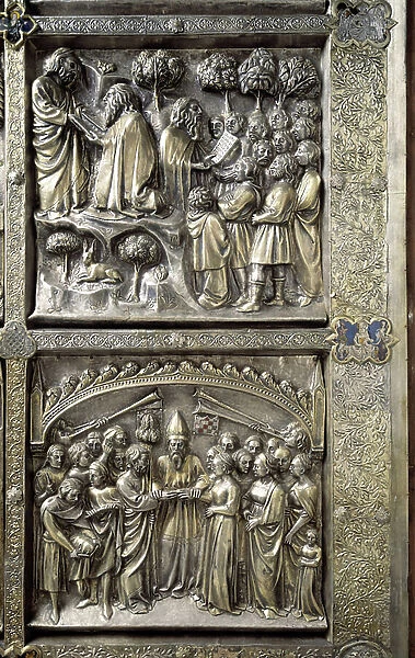 Moses with tables of the Law (above) and marriage of the virgin (below), detail of the lateral antependium, Altar of Saint James the Major, 1364 (silver)