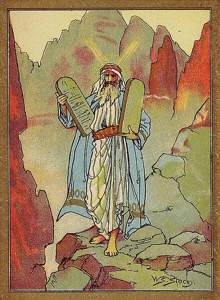 Moses and the Tables of the Law (colour litho)