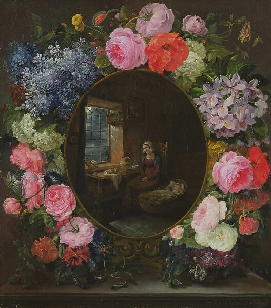 Mother and Child in a Garland of Flowers, 1829 (oil on canvas)