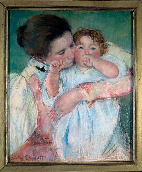 Mother and child on green background or Maternity Painting by Mary Cassatt (1844-1926