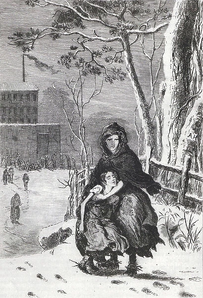 Mother urging her child to go to work in the mill. Clothes are rags and straw helps keep his feet warm. Children wait for mill door to open. Lateness meant the strap and loss of one quarter of a day's wages